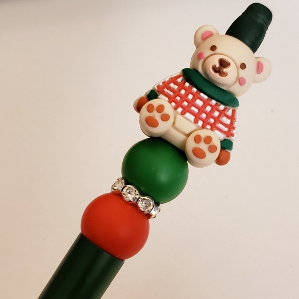 Handmade Christmas Holiday Teddy Bear Beaded Silicone Focal Bead Pen
